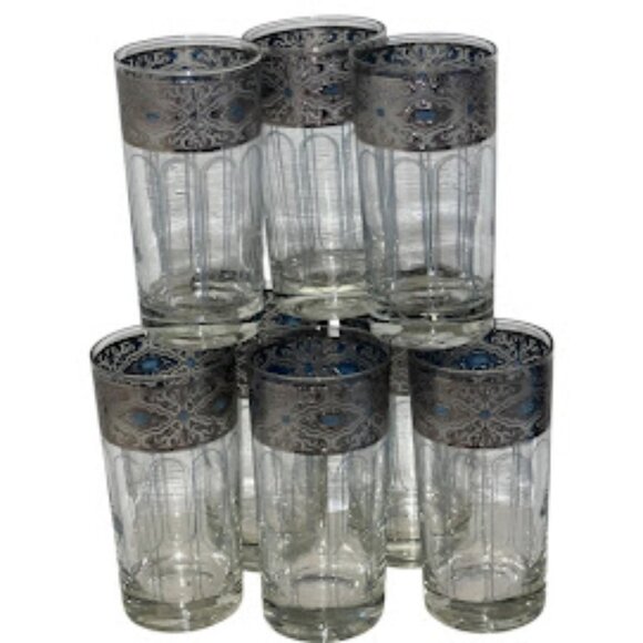 Vintage MCM Culver Sorrento Silver Band Teal Lattice Hiball Glasses Set of 8 - Picture 1 of 5